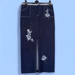 Mandalay Y2K Denim Floral Embroidery Fur Trim Bedazzled Embellished Midi Skirt